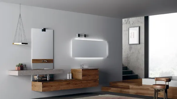 Mobile da Bagno sospeso in listoni di parquet e top con lavabo integrato in pietra 360Gradi 02 di Altamarea